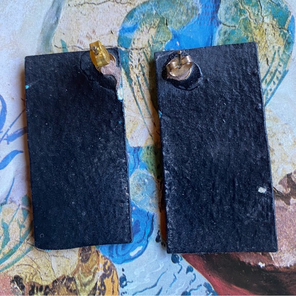 Vintage 80’s pop art turquoise and black rectangle earrings, very lightweight - Picture 3 of 4